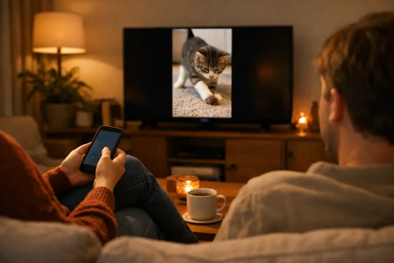 Twee mensen bekijken een staande video op de televisie terwijl één van hen een telefoon bedient.