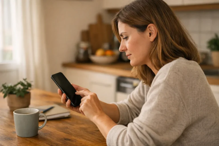 Persoon bekijkt een smartphone aan de keukentafel om accountgegevens te controleren.