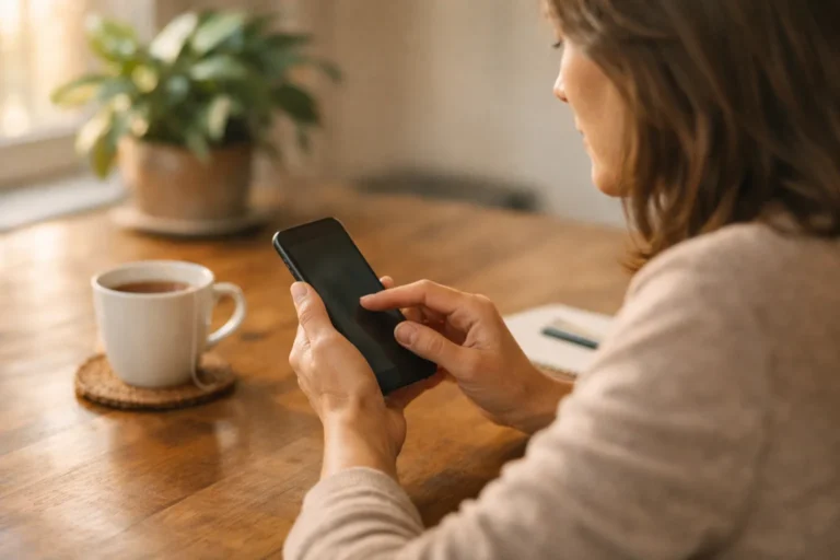 Persoon aan de keukentafel die een profieltekst aanpast op een smartphone.