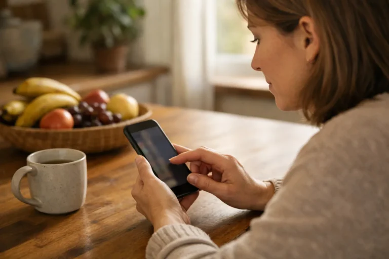 Iemand gebruikt een smartphone aan de keukentafel om opgeslagen video's te ordenen.