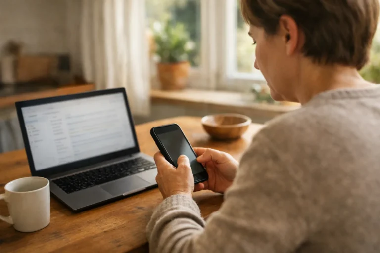 Persoon die aan de keukentafel een smartphone gebruikt met een laptop ernaast.