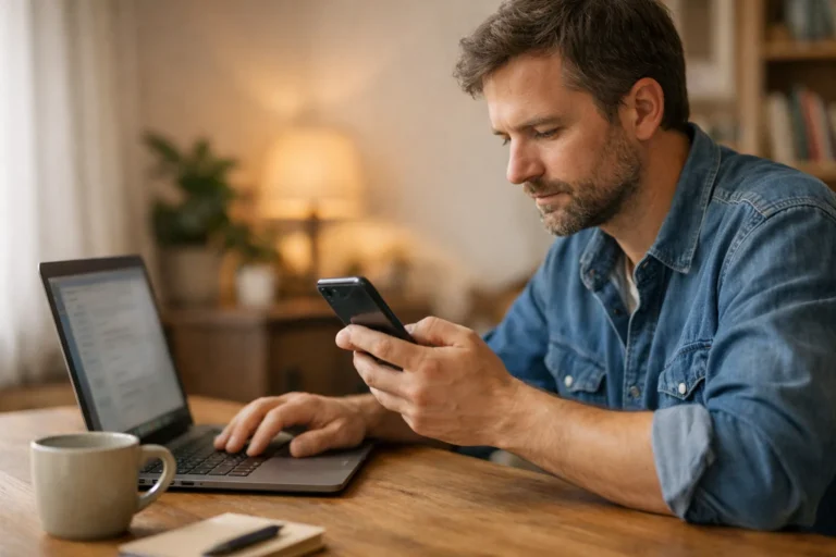 Iemand bekijkt een telefoon met een laptop ernaast om een mailadres aan te passen.