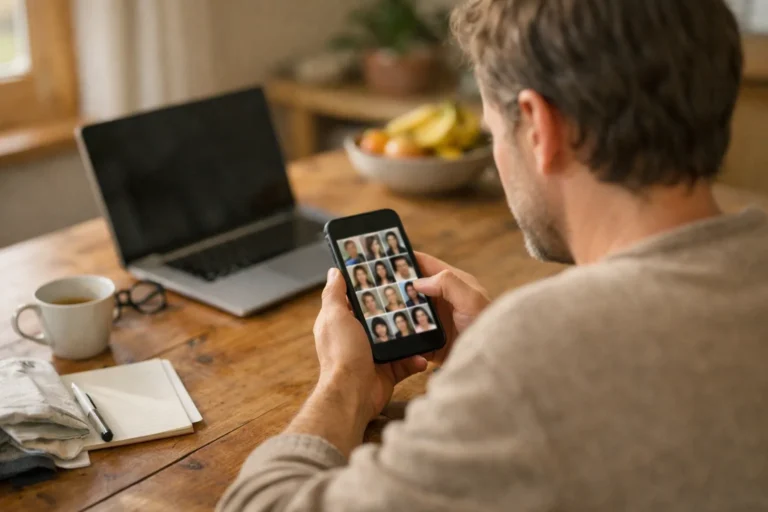 Persoon bekijkt een smartphone aan de keukentafel om een nieuwe profielfoto te kiezen.