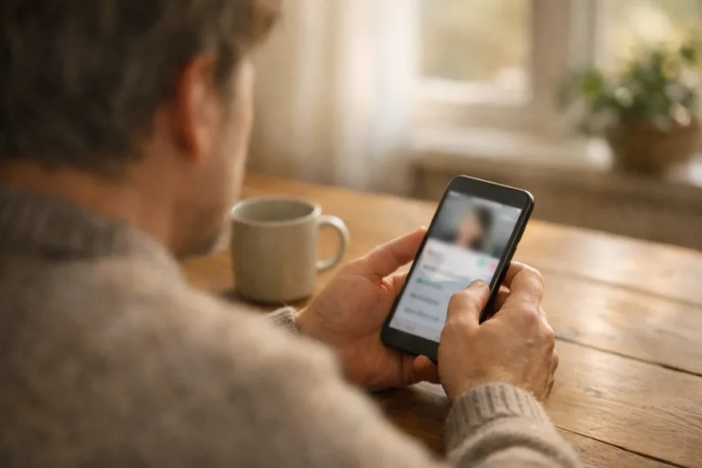 Persoon die aan een tafel op een smartphone de tekst van een sociaal profiel bekijkt.