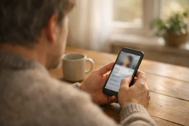 Persoon die aan een tafel op een smartphone de tekst van een sociaal profiel bekijkt.