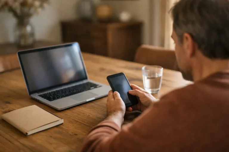 Persoon bekijkt een smartphone naast een open laptop aan de eettafel.
