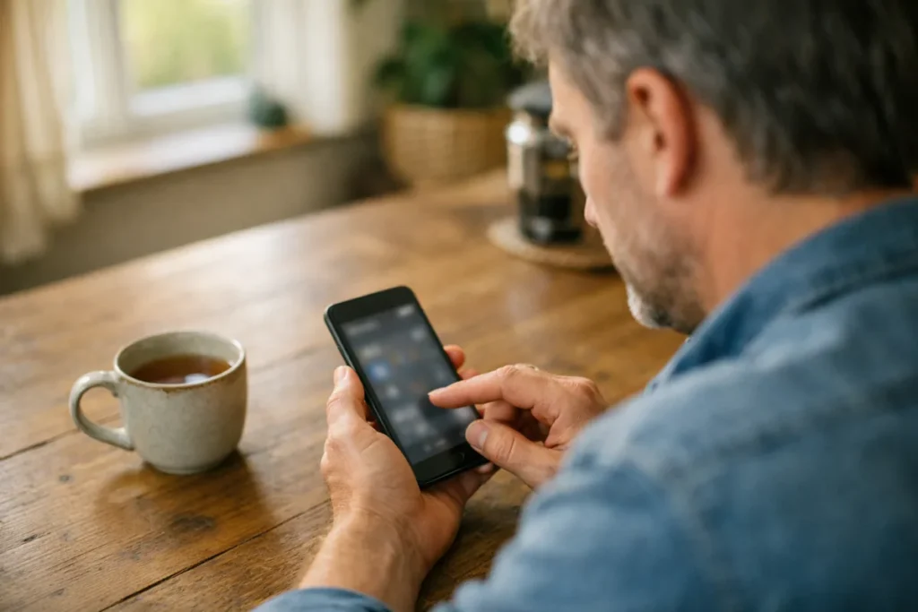 Persoon aan de keukentafel die op een telefoon de taalinstellingen bekijkt.