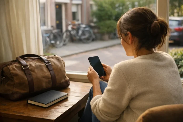 Persoon bekijkt een smartphone bij het raam, met een weekendtas op tafel.