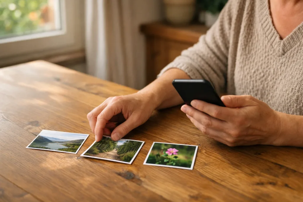 Iemand kiest foto's op een telefoon en legt fotoafdrukken van een wandeling in een andere volgorde.