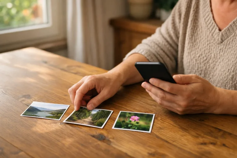 Iemand kiest foto's op een telefoon en legt fotoafdrukken van een wandeling in een andere volgorde.