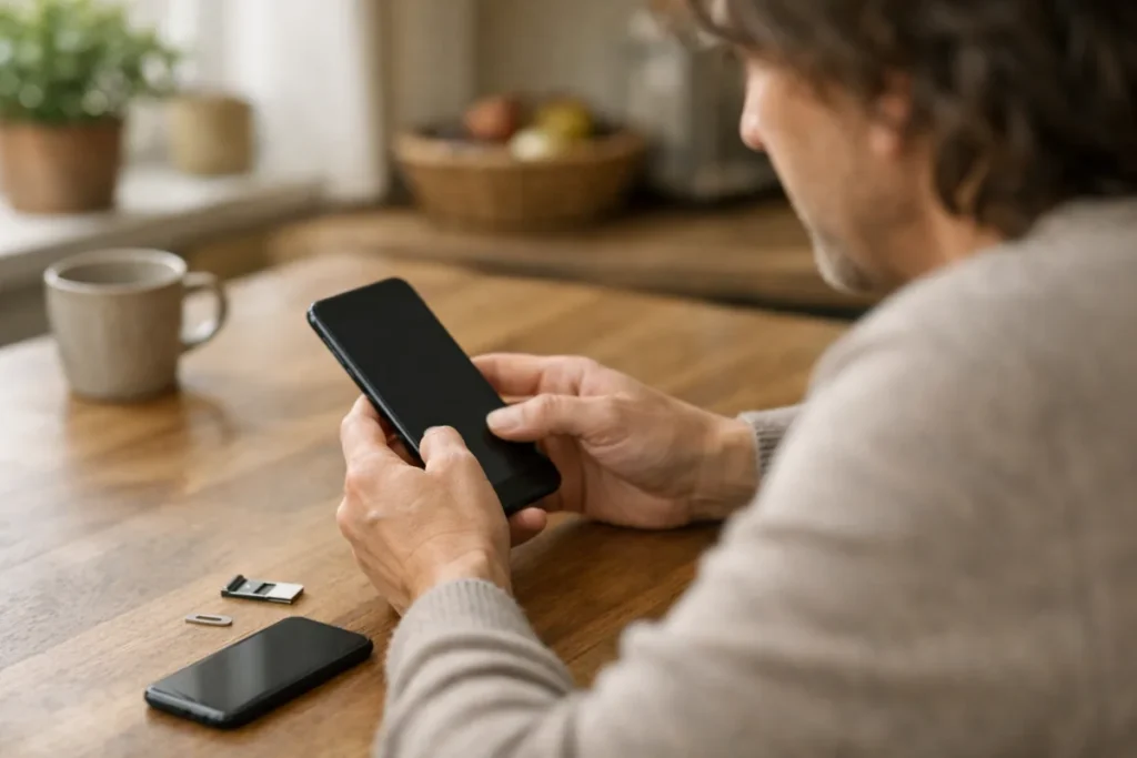 Persoon bekijkt een smartphone aan de keukentafel met een simkaartbakje ernaast.