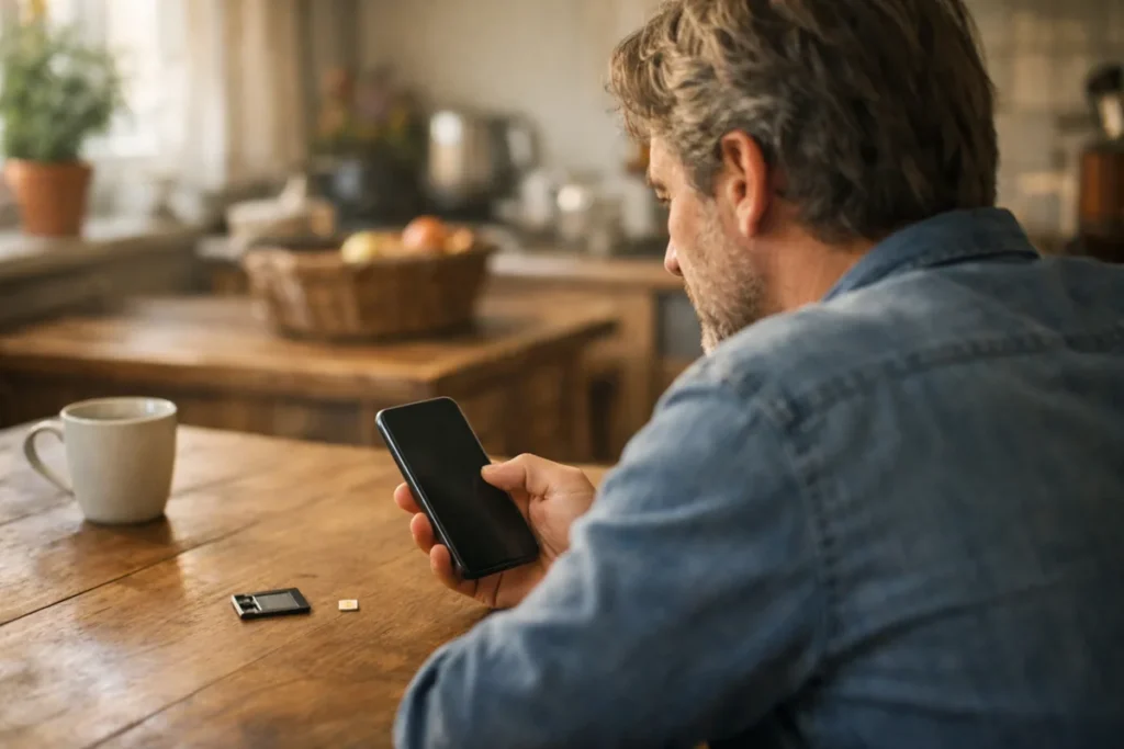 Persoon met een smartphone aan de keukentafel, met een simkaart en simkaartbakje ernaast.