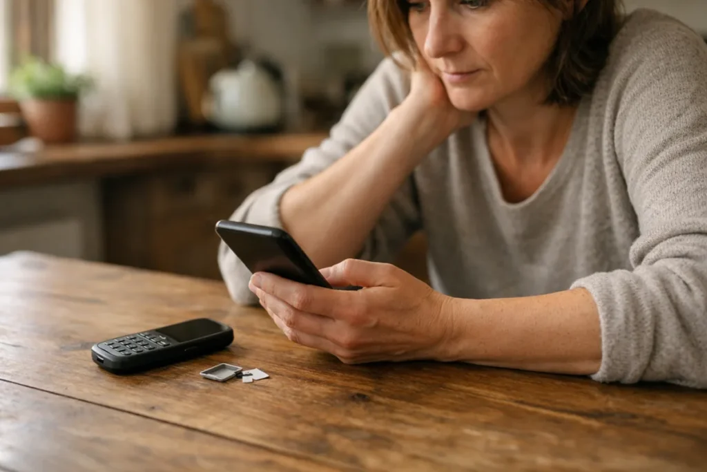 Persoon bekijkt een telefoon met een tweede toestel en een simkaartbakje op tafel.