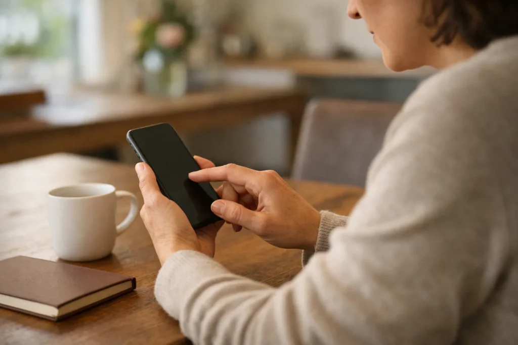 Persoon die thuis aan de eettafel de privacy instellingen op een smartphone controleert.