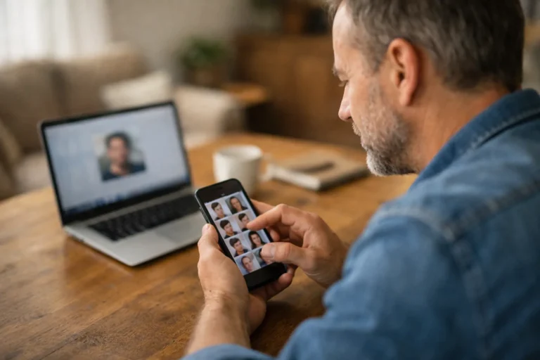Persoon kiest thuis op een telefoon een nieuwe foto voor een Facebook profiel.