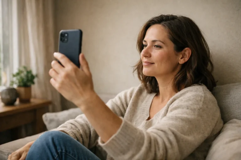 Persoon maakt bij een raam een portretfoto met een smartphone voor een TikTok profiel.