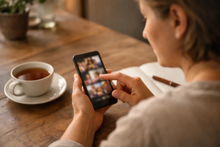Persoon bekijkt video's op een telefoon aan de keukentafel.