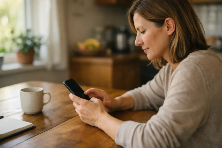 Persoon aan de keukentafel die een smartphone gebruikt om het TikTok wachtwoord te wijzigen