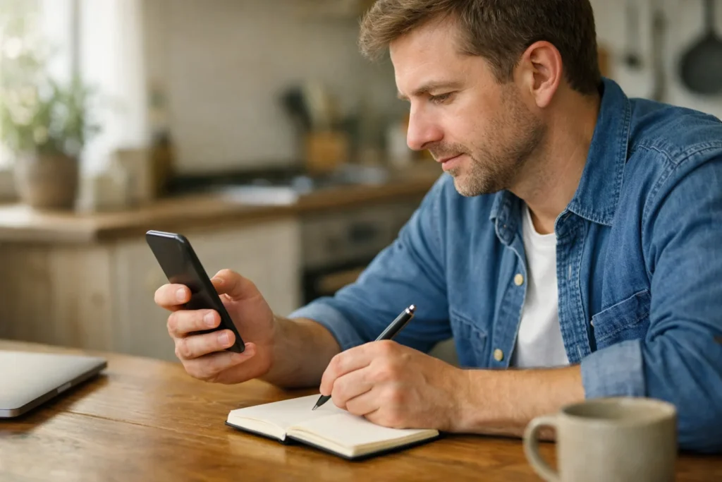 Persoon bekijkt een smartphone met een notitieboek erbij om een nieuwe TikTok gebruikersnaam voor te bereiden.