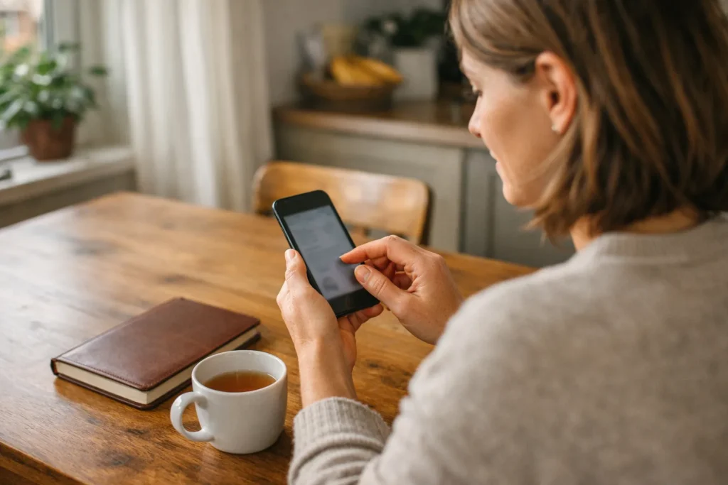 Een persoon bekijkt een smartphone aan de keukentafel om een Instagram gebruikersnaam aan te passen.