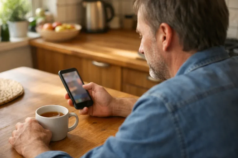 Persoon aan een keukentafel die op een telefoon naar berichten kijkt