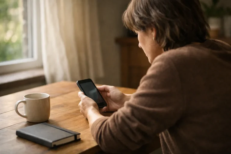 Persoon die thuis op een smartphone de accountgegevens bekijkt.