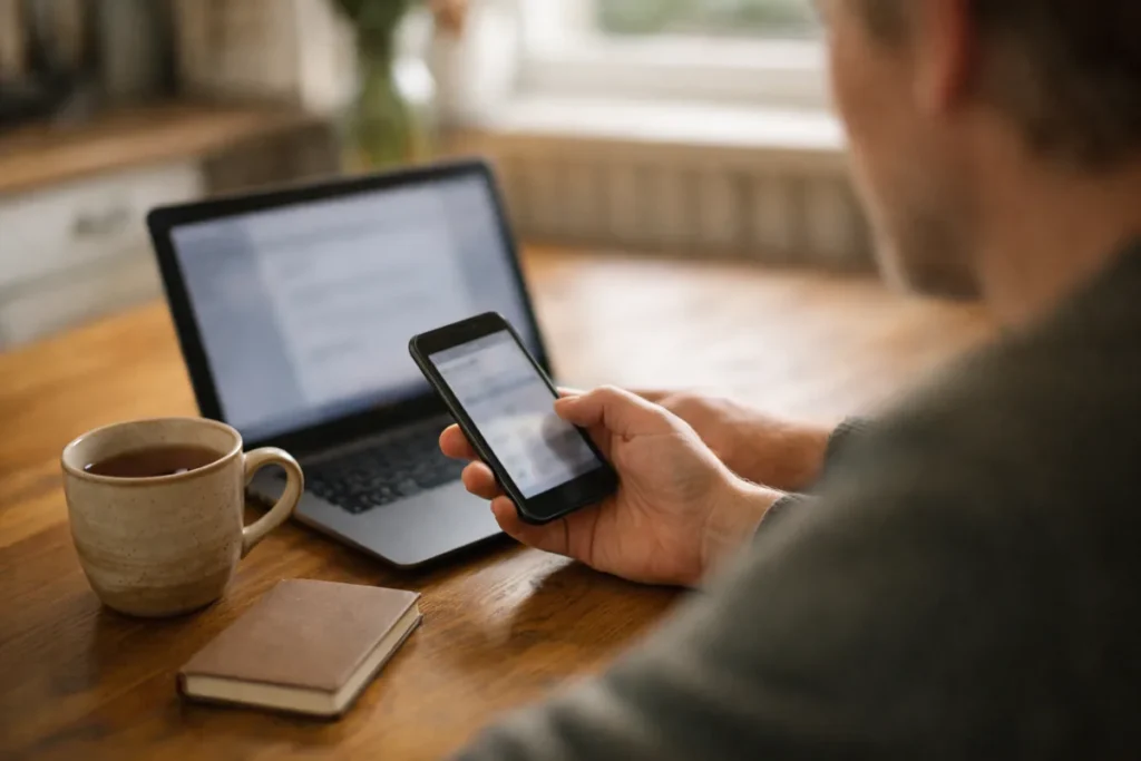 Persoon bekijkt een telefoon naast een open laptop aan de keukentafel.