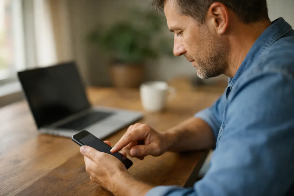 Iemand gebruikt een smartphone aan een houten tafel met een open laptop ernaast.