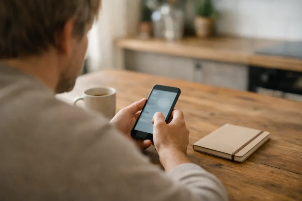 Persoon bekijkt een smartphone aan de keukentafel om tijdelijke appgegevens op te ruimen.