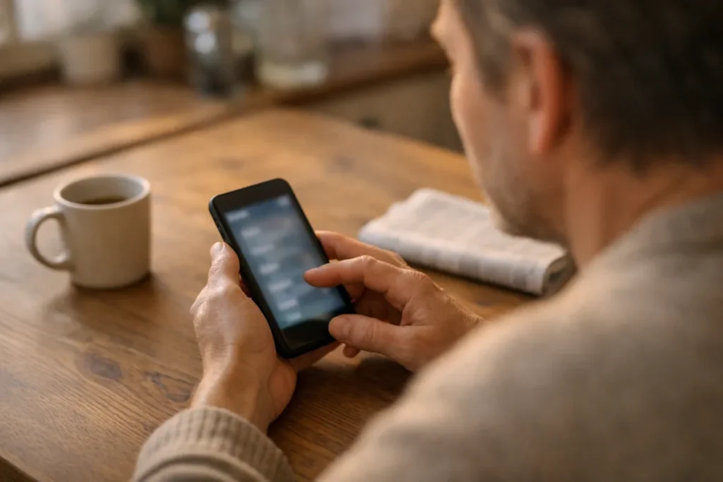 Persoon bekijkt een smartphone aan de keukentafel bij zacht daglicht.