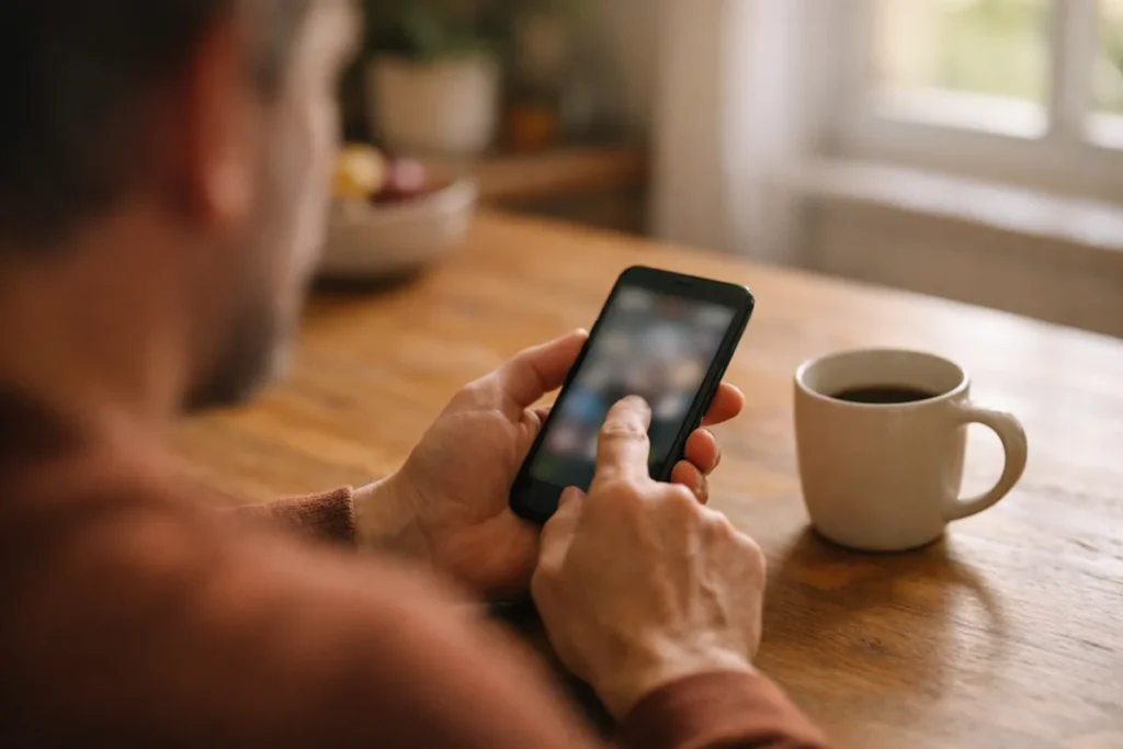 Persoon die thuis op een smartphone de appinstellingen bekijkt.