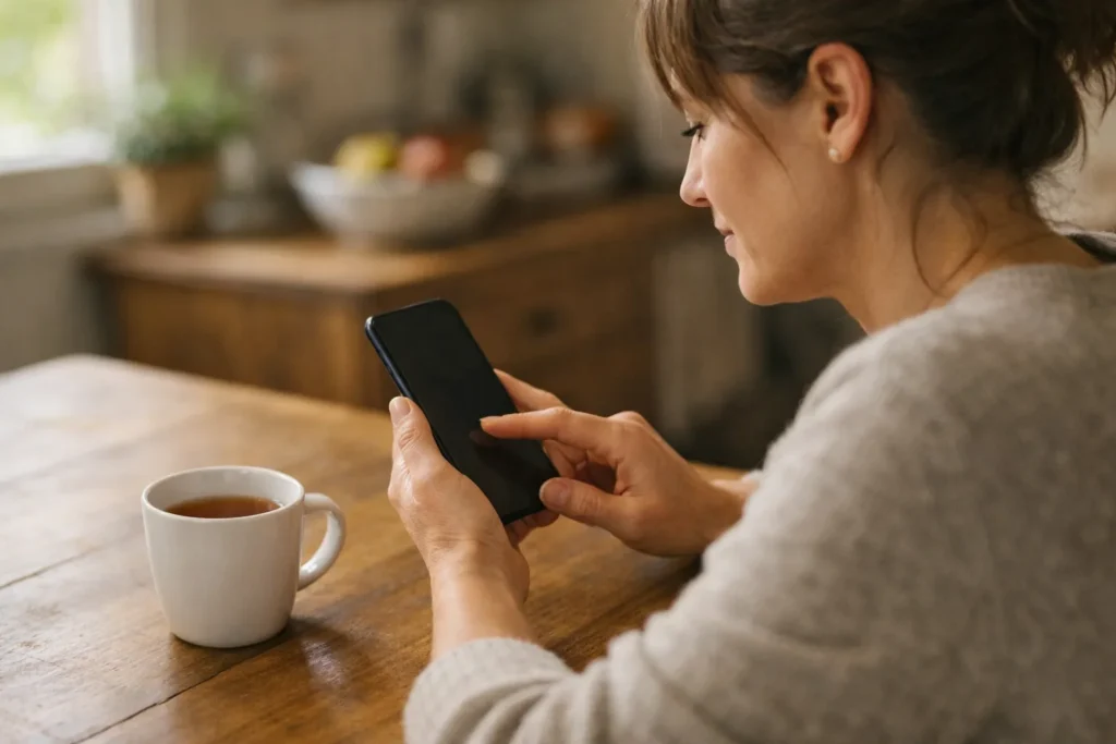 Persoon bekijkt thuis een smartphone om oude zoekopdrachten op te ruimen.