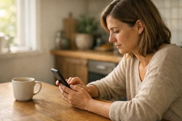 Iemand gebruikt een smartphone aan de keukentafel om zoekopdrachten op Instagram op te ruimen.