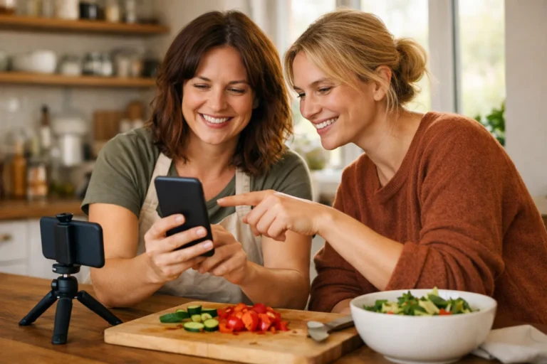 Twee vrienden bekijken samen een telefoon na het opnemen van een kookvideo voor Instagram.
