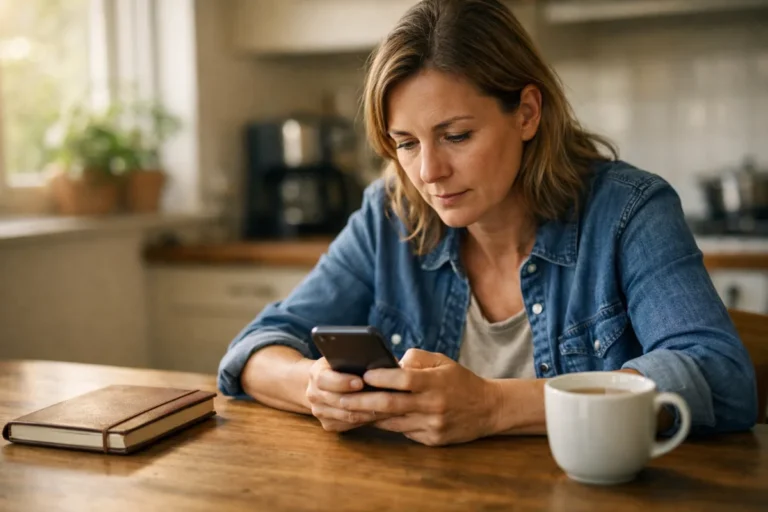 Persoon aan de keukentafel die op een telefoon hulp zoekt bij een TikTok probleem