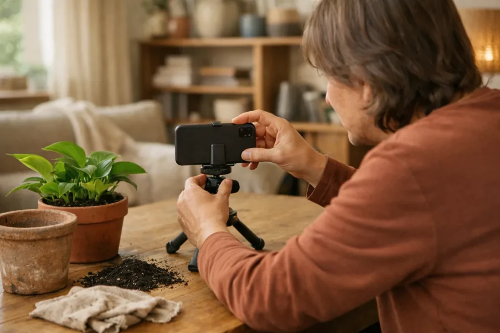 Persoon zet een telefoon klaar om het eindresultaat van een verpotte kamerplant te filmen.