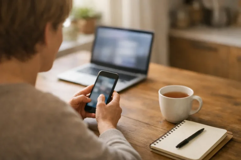 Persoon gebruikt een smartphone aan de keukentafel met een laptop ernaast
