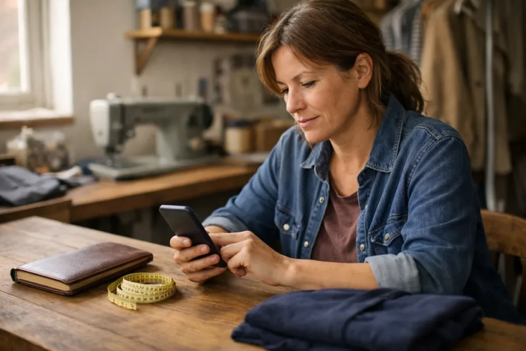 Zelfstandige bekijkt een smartphone aan een werktafel in een kledingherstelruimte.