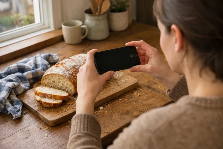 Iemand fotografeert zelfgebakken brood met een telefoon voor een Facebook verhaal.