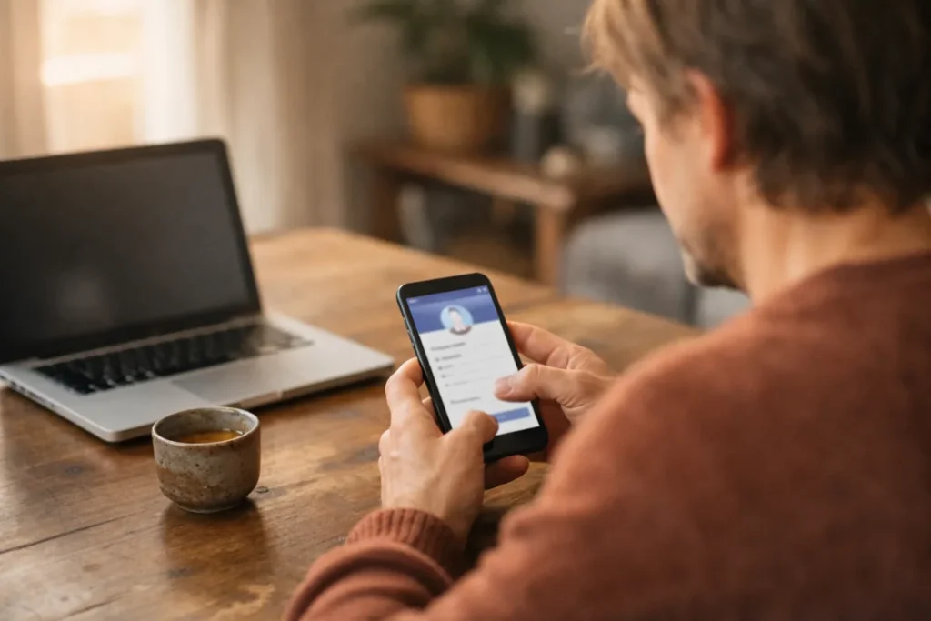 Persoon die thuis aan tafel een Instagram account instelt op een telefoon
