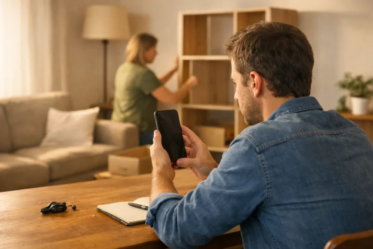 Iemand bekijkt een video op een telefoon, met een half gemonteerde kast op de achtergrond.