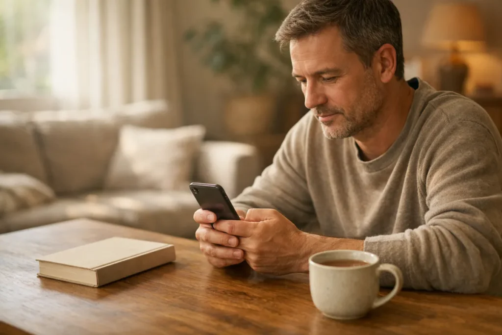 Persoon kijkt aan een houten tafel naar een iPhone, met een boek en een kop thee ernaast.