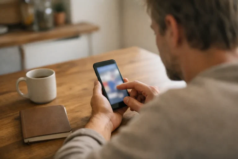 Persoon aan de keukentafel die op een telefoon een reactie bekijkt.
