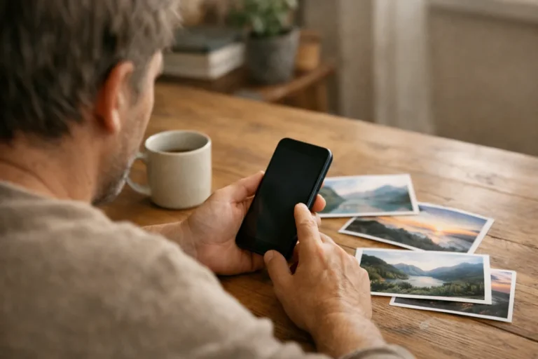 Persoon bekijkt een smartphone aan tafel met enkele afgedrukte foto’s ernaast.