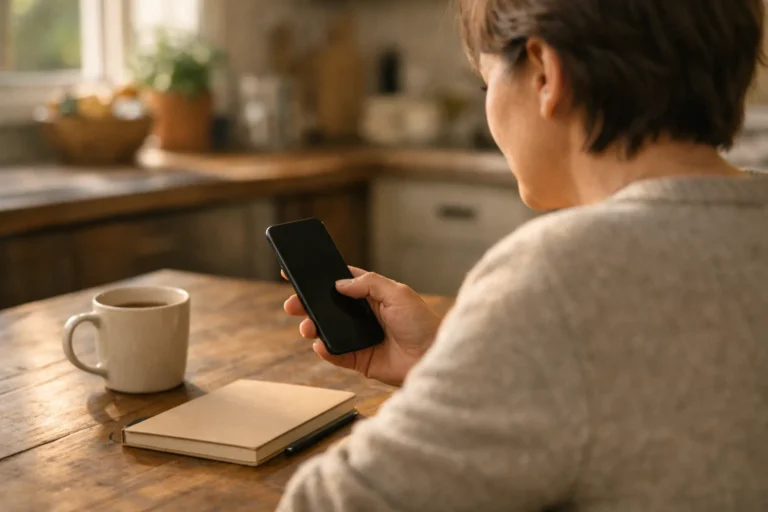 Iemand bekijkt een smartphone aan de keukentafel om een eigen Instagram reel te beheren.