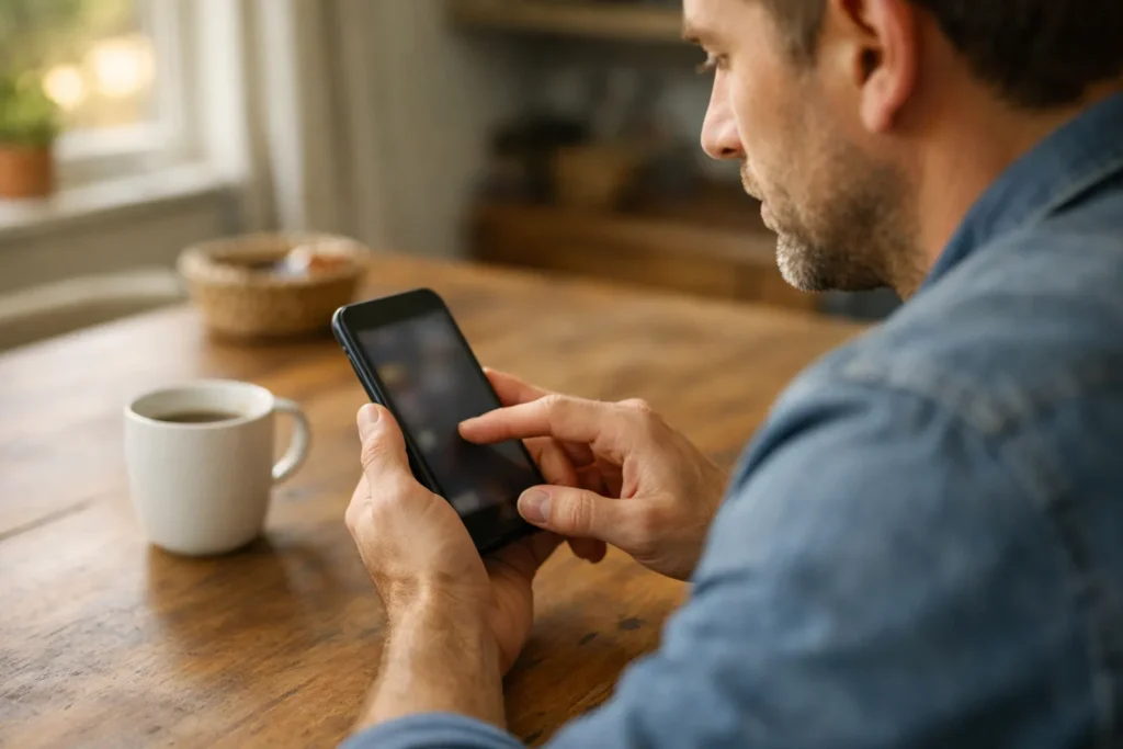 Persoon bekijkt een smartphone aan de keukentafel om een eigen Facebook verhaal te verwijderen.