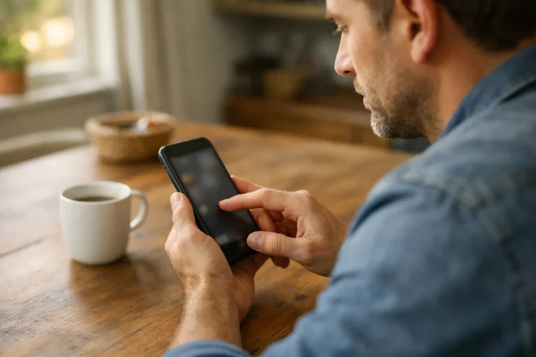 Persoon bekijkt een smartphone aan de keukentafel om een eigen Facebook verhaal te verwijderen.