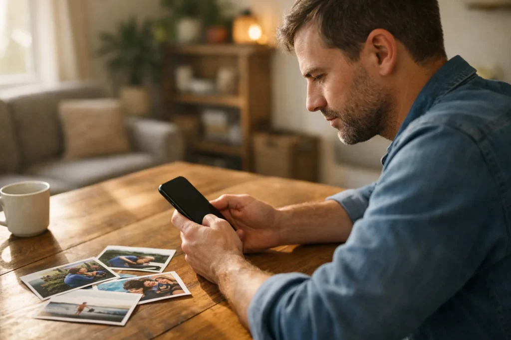Persoon bekijkt een telefoon aan tafel met persoonlijke foto's ernaast om te bewaren.