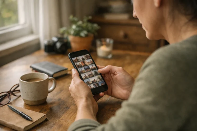 Iemand bekijkt thuis foto's op een telefoon om oude Instagramposts op te ruimen.