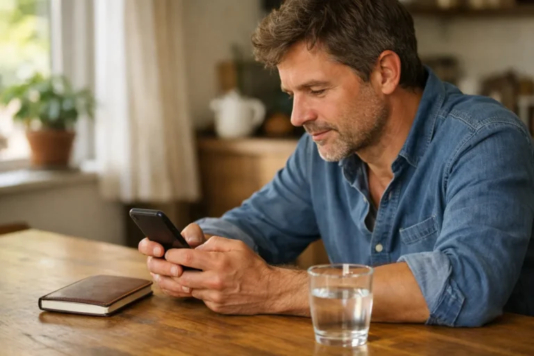 Persoon aan een keukentafel die een smartphone bekijkt.